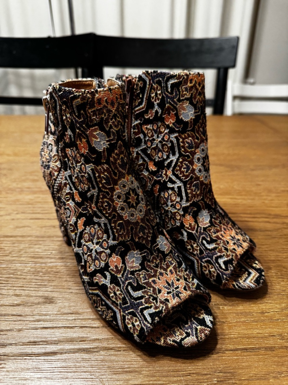 Candie’s Tapestry Floral Peep-Toe Booties - Black, Rust & Cream
